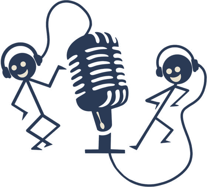 Stick figures in headphones around a vintage microphone